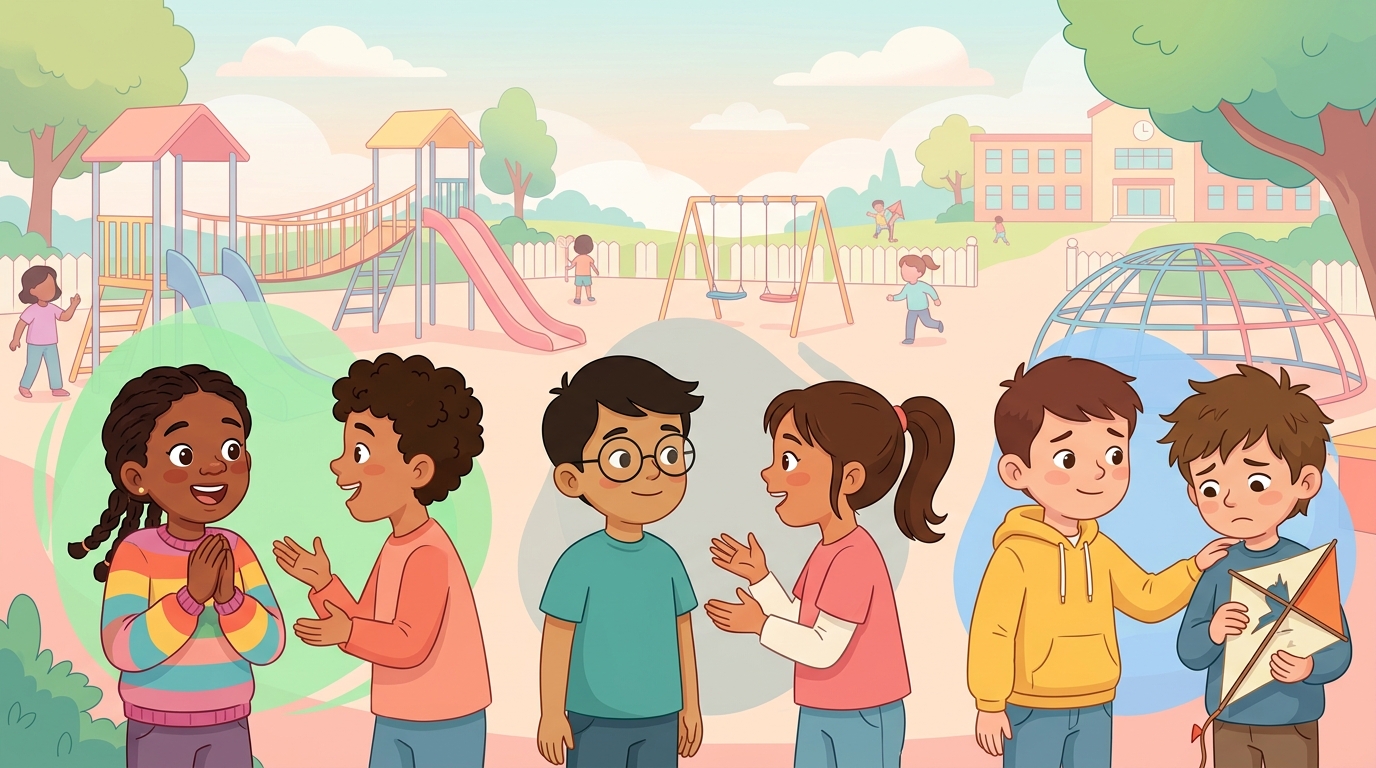 Trois paires d'enfants qui réagissent : contente, neutre et compatissante
